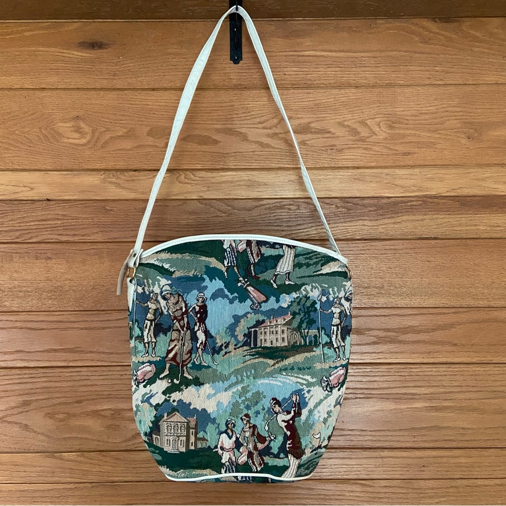 Lenox Tapestry Scene Tote in Green, Blue, Cream - Picture 1 of 6